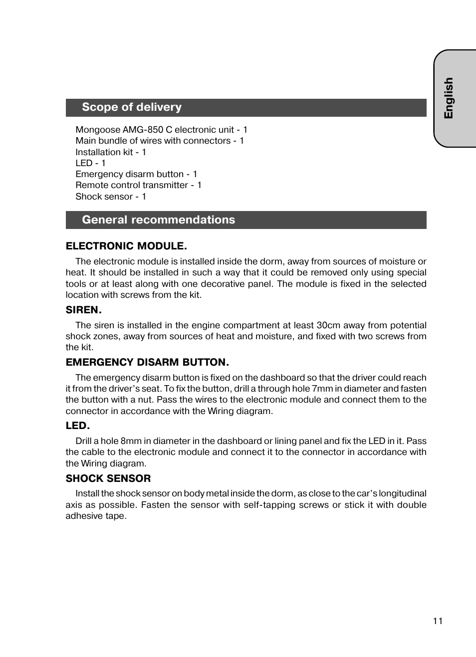 English scope of delivery, General recommendations | Mongoose AMG 850 C User Manual | Page 11 / 58