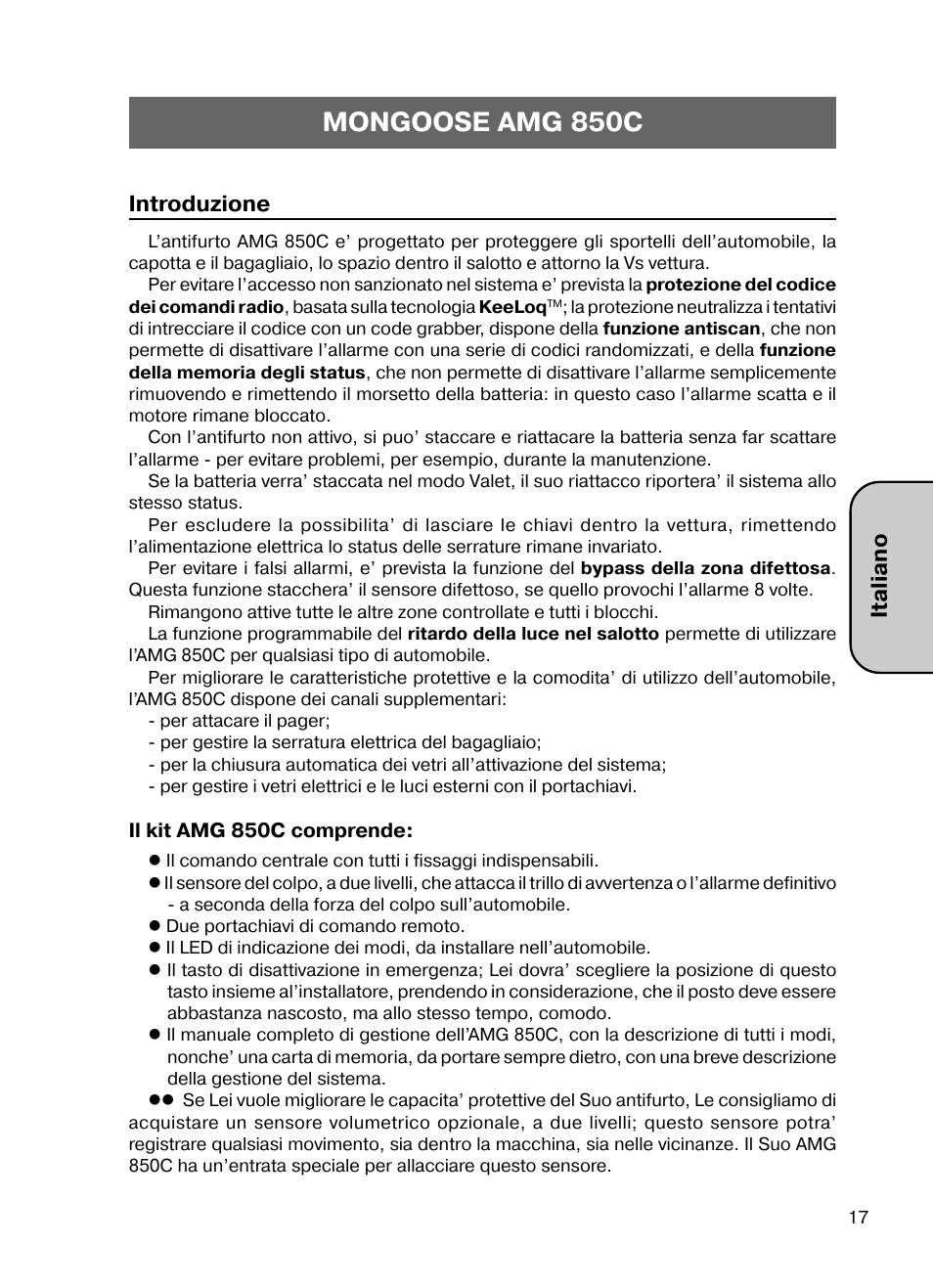 Mongoose amg 850c, Italiano, Introduzione | Mongoose AMG 850 C User Manual | Page 17 / 58