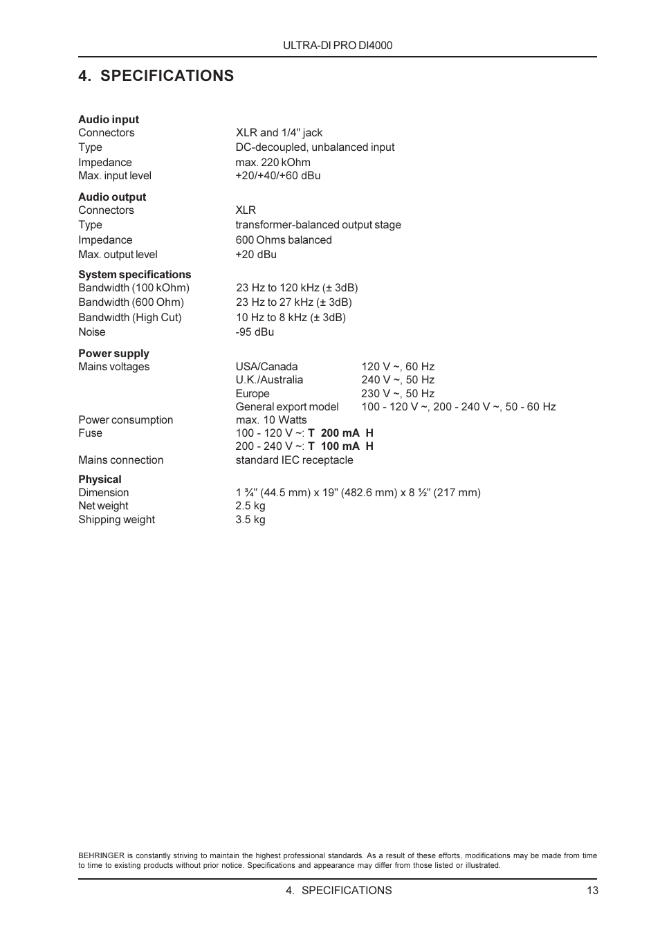 Specifications | Behringer ULTRA-DI PRO DI4000 User Manual | Page 13 / 14