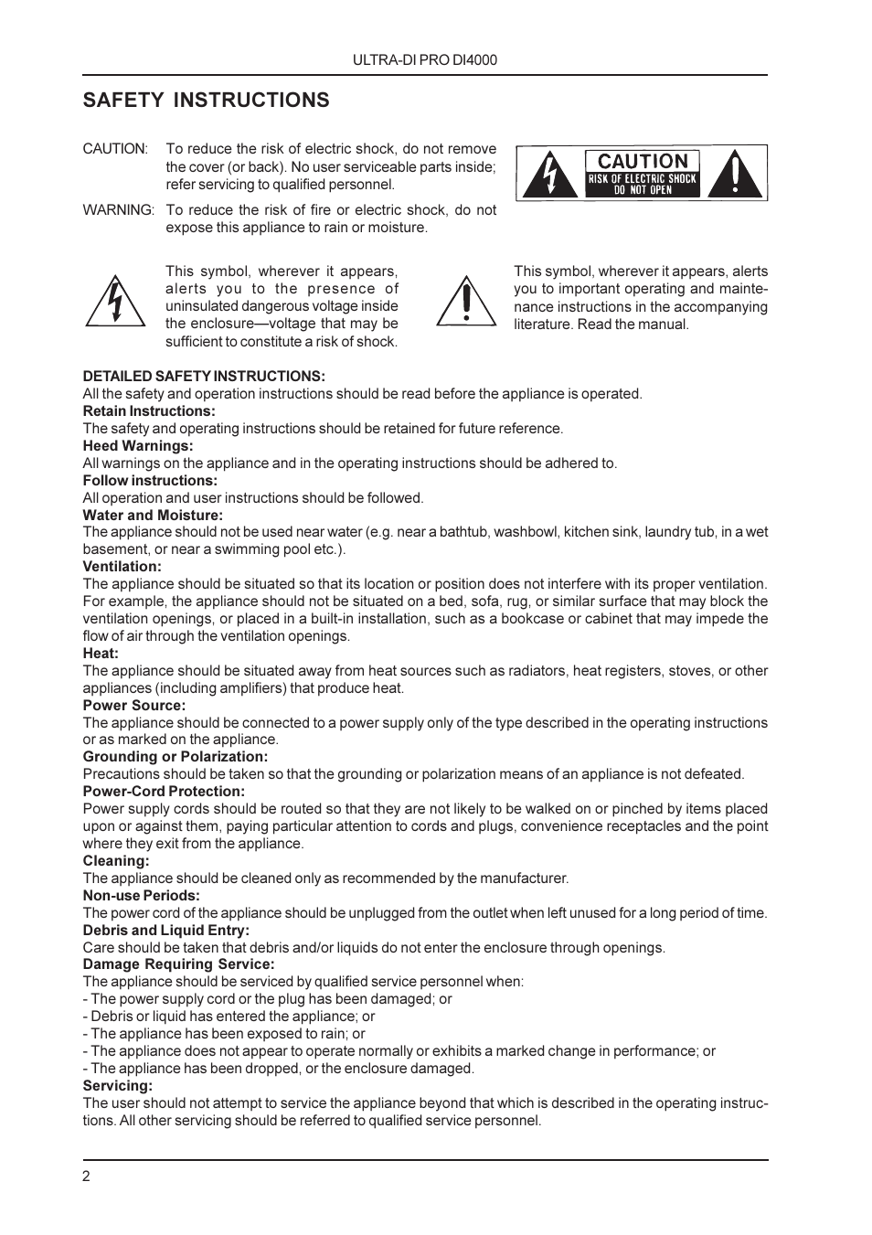 Safety instructions | Behringer ULTRA-DI PRO DI4000 User Manual | Page 2 / 14