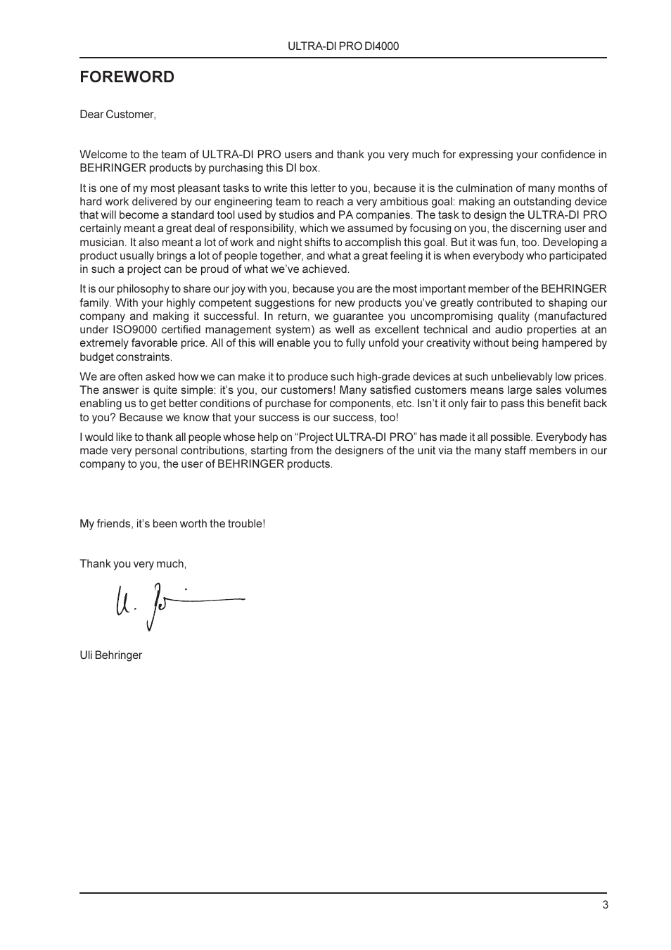 Foreword | Behringer ULTRA-DI PRO DI4000 User Manual | Page 3 / 14