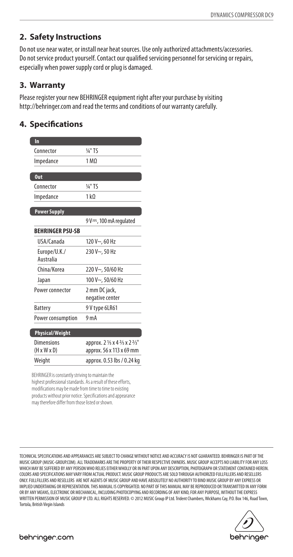 Safety instructions, Warranty, Specifications | Behringer Dynamics Compressor DC9 User Manual | Page 2 / 2