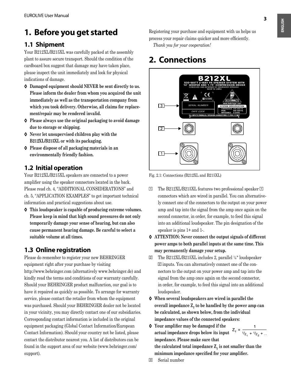 Before you get started 2. connections, Before you get started 1, Connections 2 | Shipment 1.1, Initial operation 1.2, Online registration 1.3 | Behringer EUROLIVE B212XL User Manual | Page 3 / 8