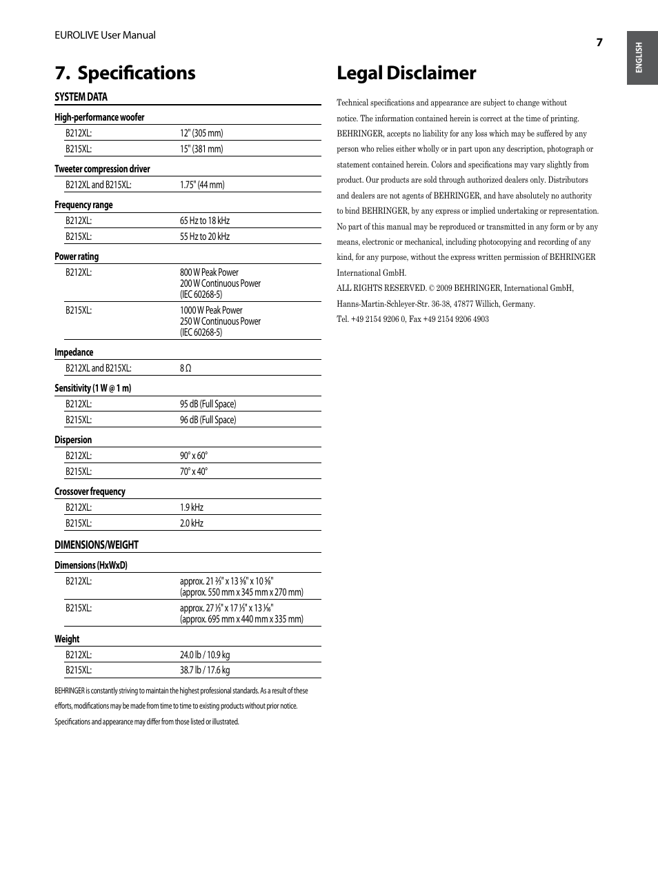 Specifications legal disclaimer, Specifications 7, Legal disclaimer | Behringer EUROLIVE B212XL User Manual | Page 7 / 8