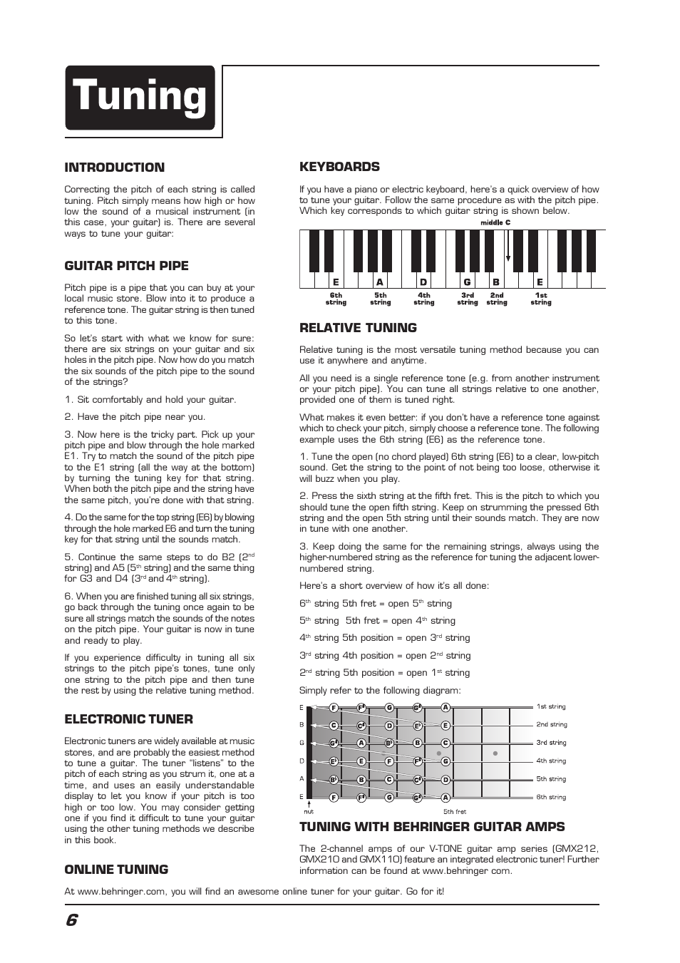 Guitar pitch pipe, Keyboards, Relative tuning | Introduction, Electronic tuner, Online tuning, Tuning with behringer guitar amps | Behringer AC108 User Manual | Page 6 / 9