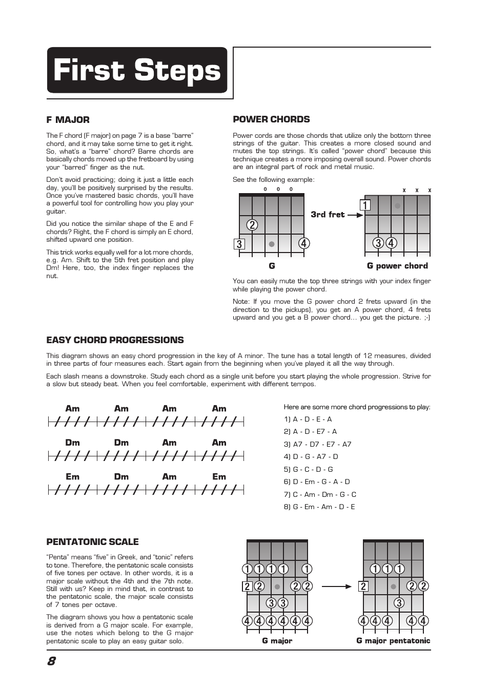 Power chords, F major, Easy chord progressions | Pentatonic scale | Behringer AC108 User Manual | Page 8 / 9