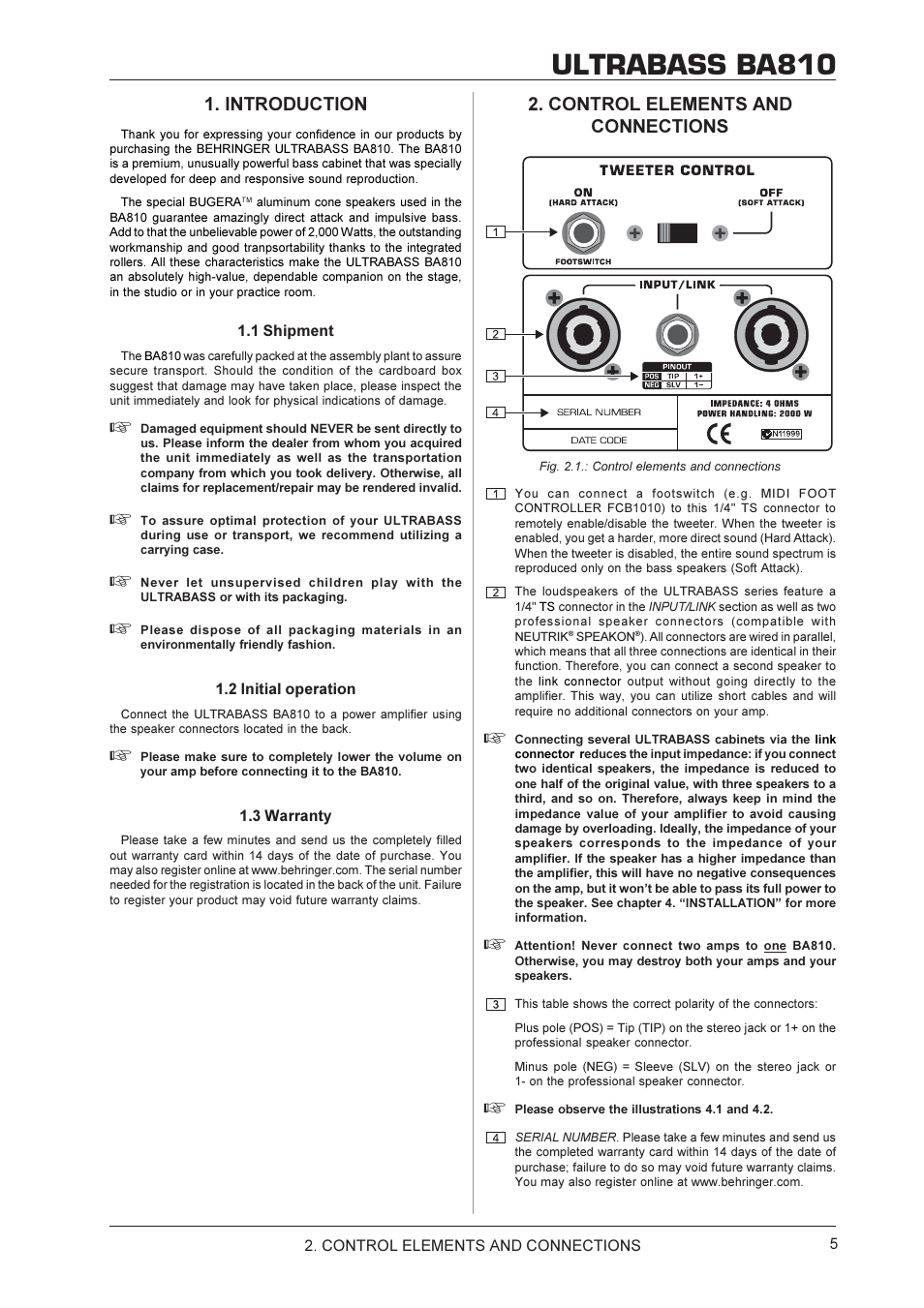 Ultrabass ba810, Control elements and connections, Introduction | Behringer BA810 User Manual | Page 5 / 9