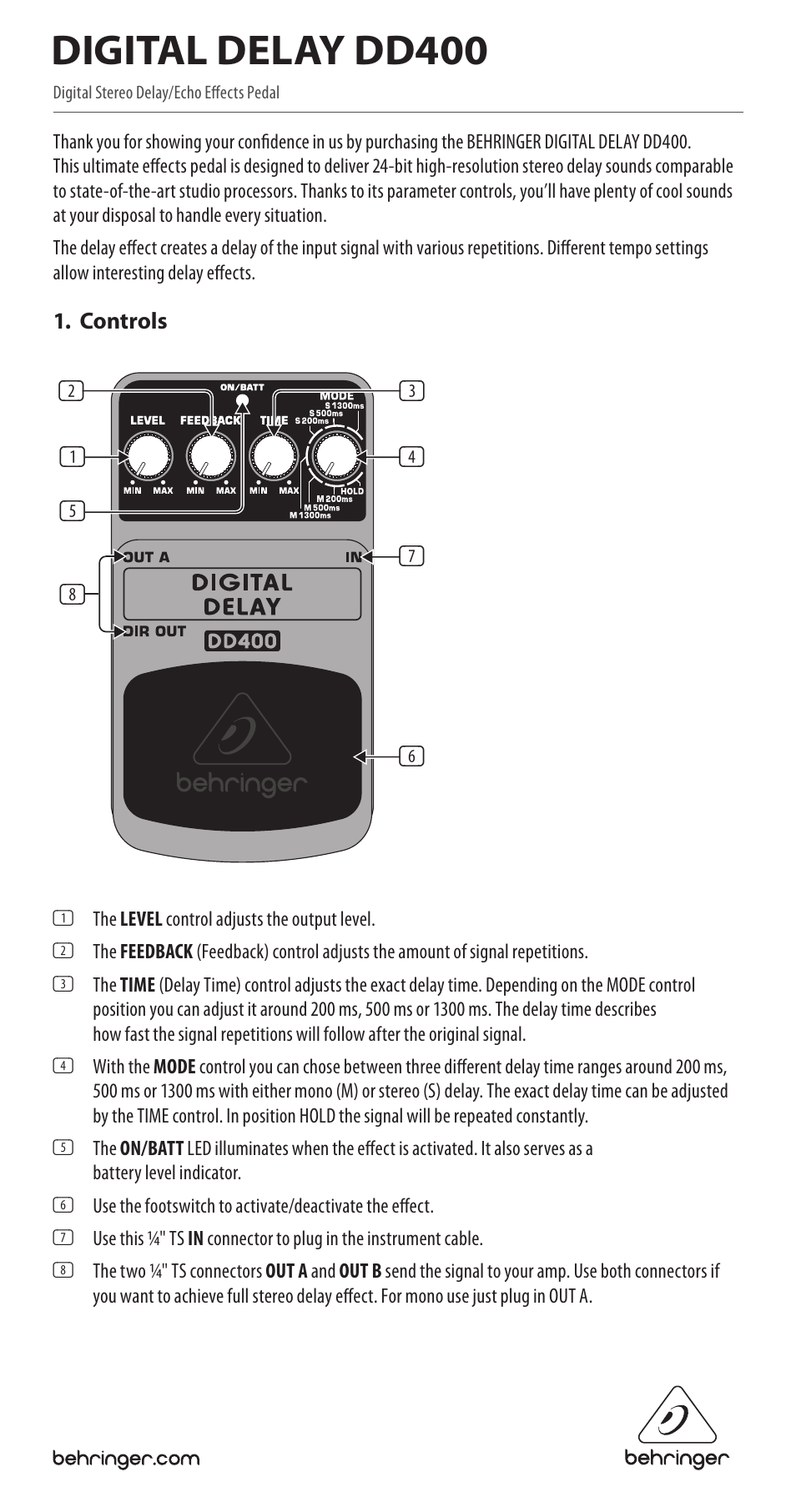 Behringer Digital Delay D0400 User Manual | 2 pages