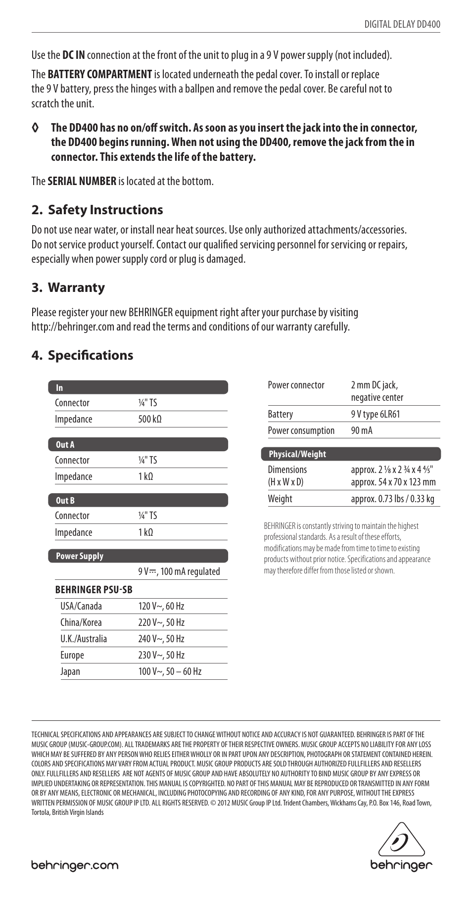 Safety instructions, Warranty, Specifications | Behringer Digital Delay D0400 User Manual | Page 2 / 2