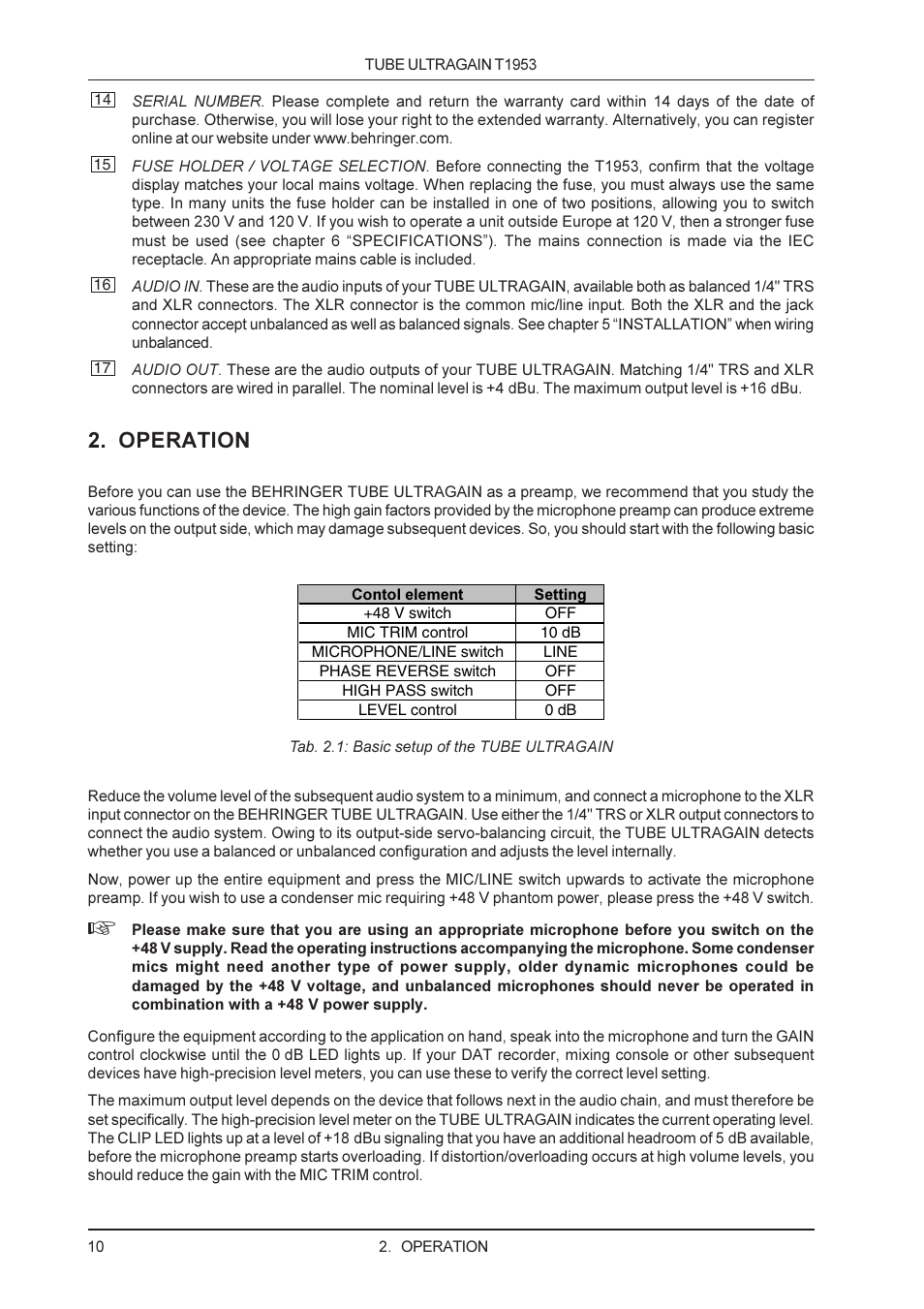 Operation | Behringer T1953 User Manual | Page 10 / 23