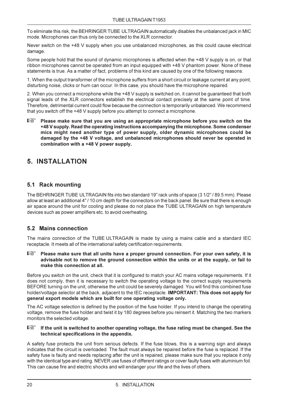 Installation | Behringer T1953 User Manual | Page 20 / 23