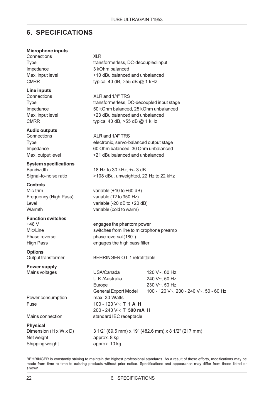 Specifications | Behringer T1953 User Manual | Page 22 / 23