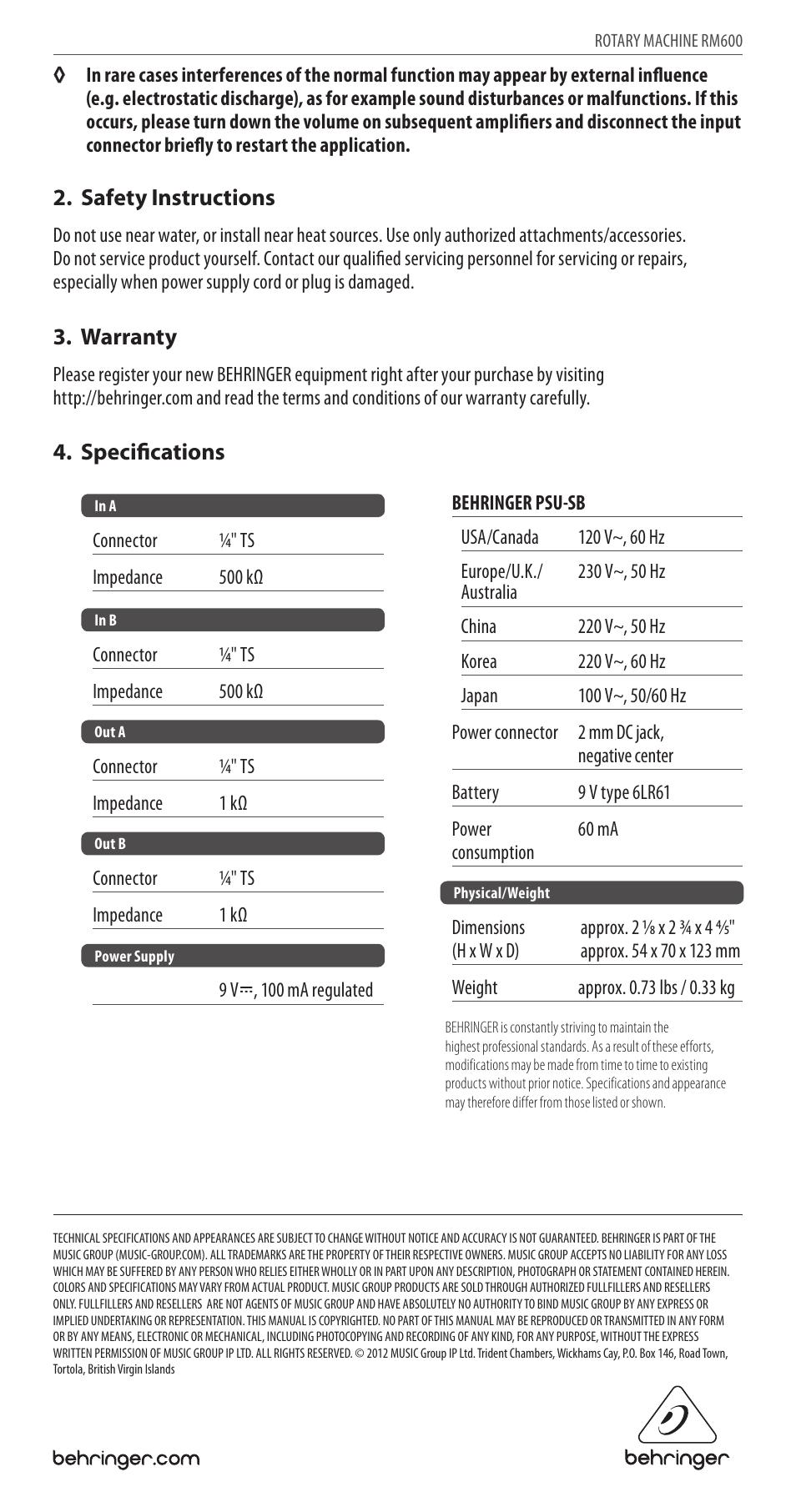 Safety instructions, Warranty, Specifications | Behringer Rotary Machine RM600 User Manual | Page 2 / 2