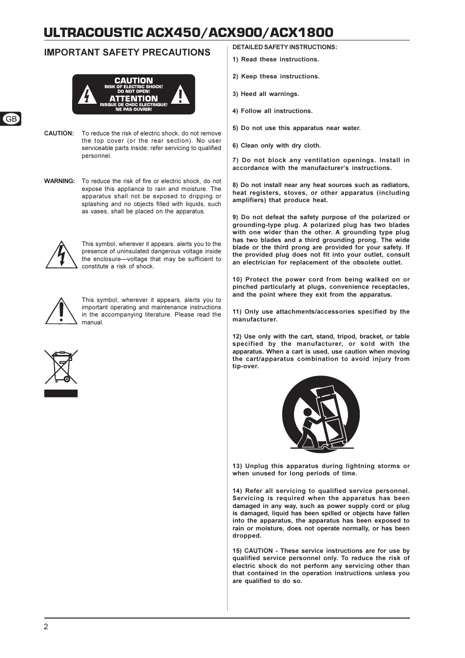 Important safety precautions | Behringer Ultracoustic ACX450 User Manual | Page 2 / 12