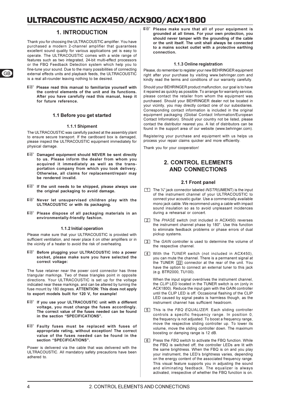 Introduction, Control elements and connections | Behringer Ultracoustic ACX450 User Manual | Page 4 / 12