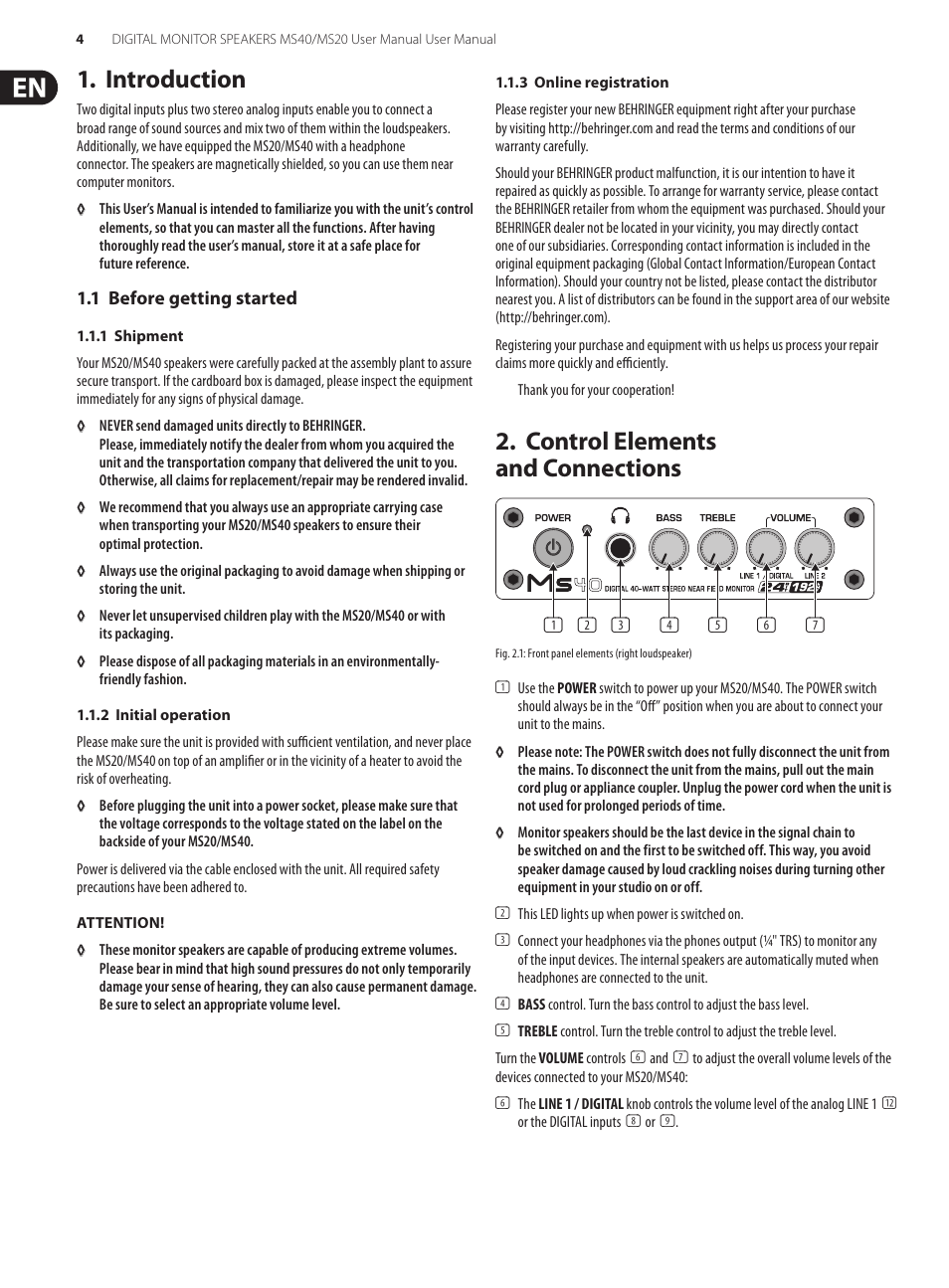 Introduction, Control elements and connections | Behringer Digital Monitor Speakers MS20 User Manual | Page 4 / 8