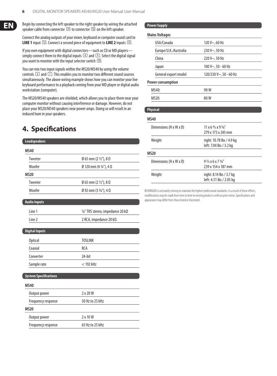 Specifications | Behringer Digital Monitor Speakers MS20 User Manual | Page 6 / 8