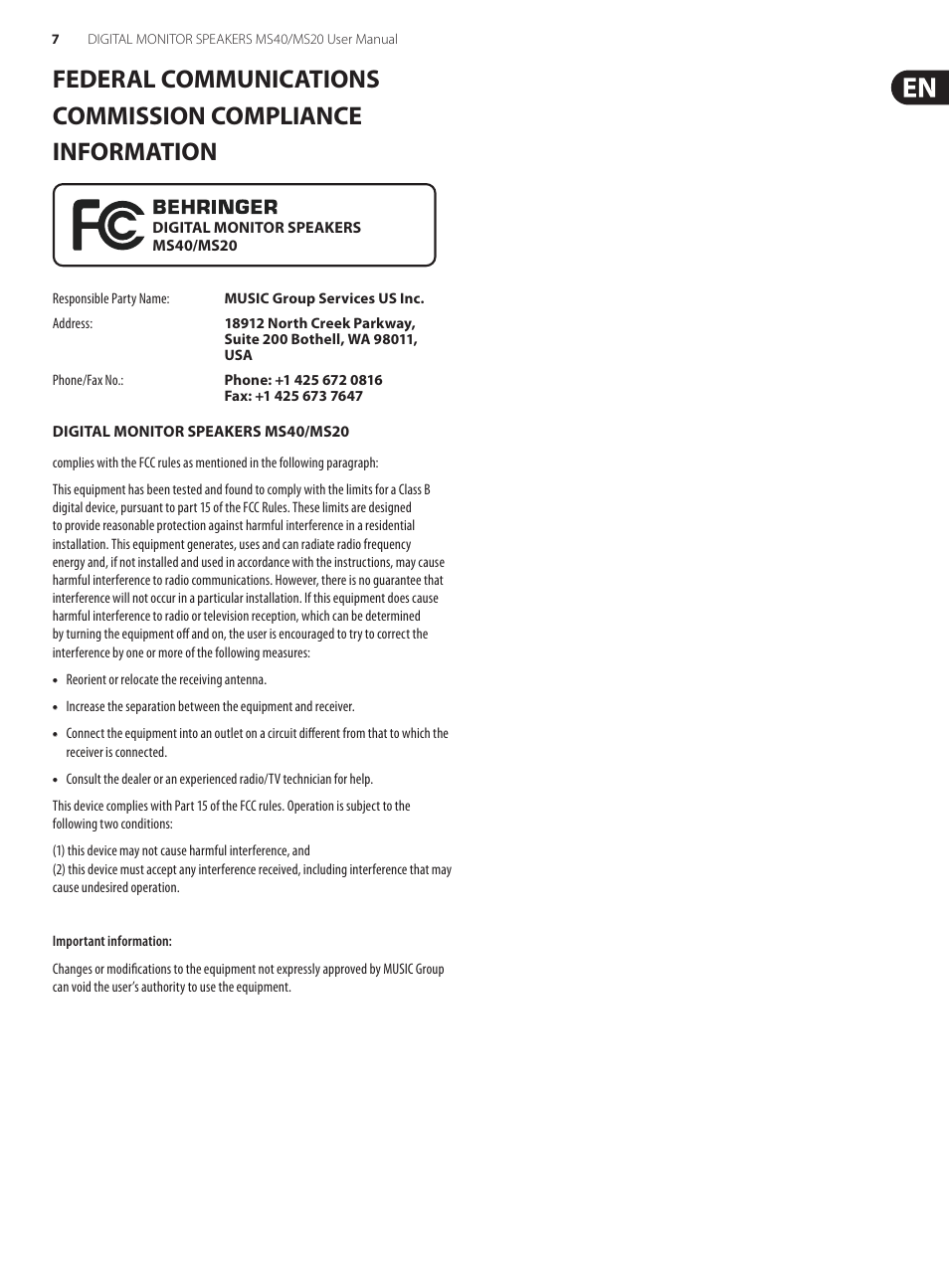 Behringer Digital Monitor Speakers MS20 User Manual | Page 7 / 8