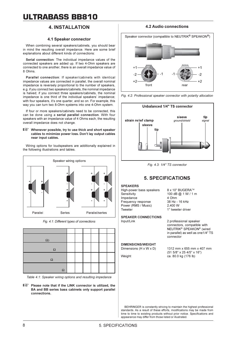 Ultrabass bb810, Installation, Specifications | 1 speaker connector, 2 audio connections | Behringer BB810 User Manual | Page 8 / 9