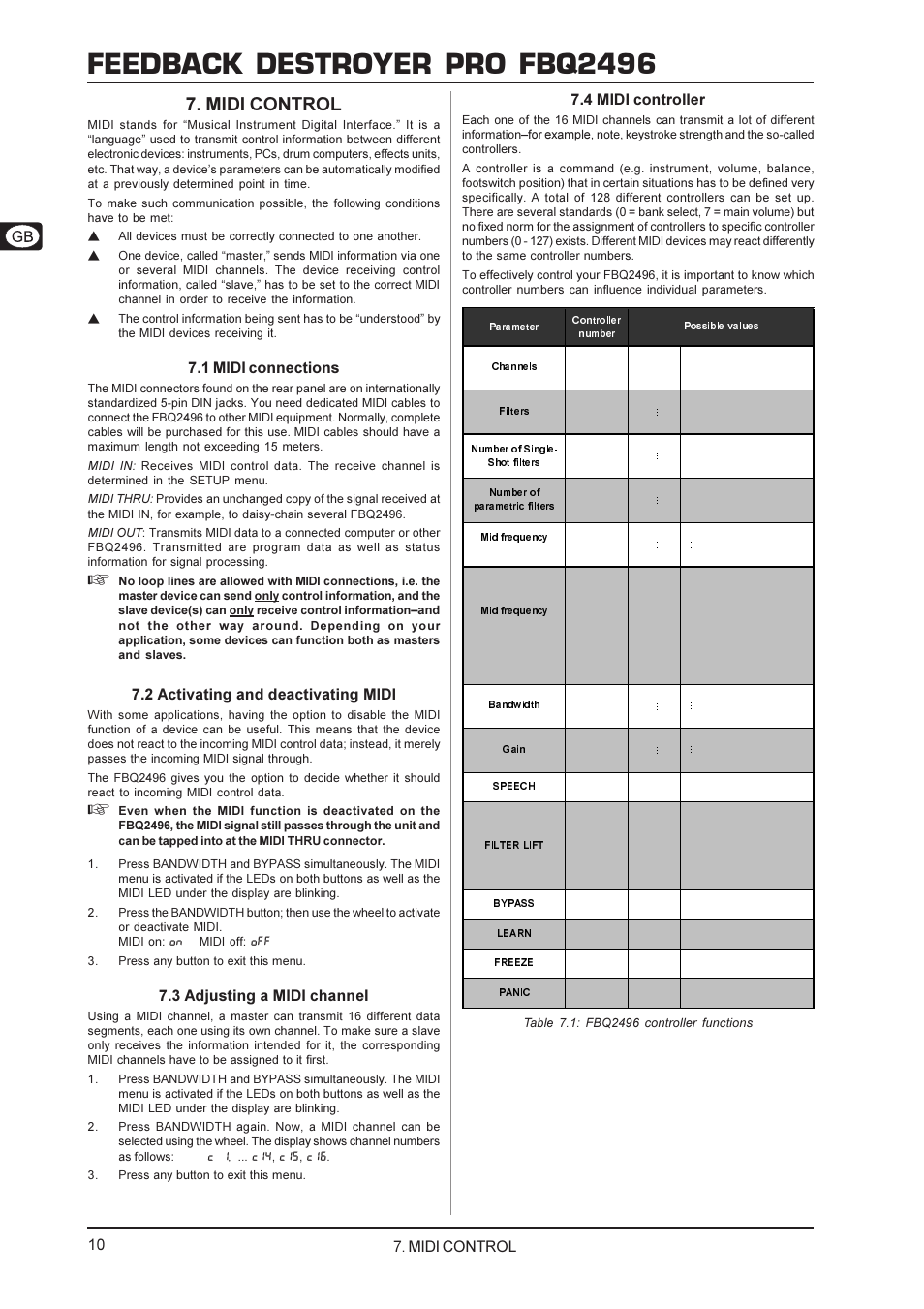 Feedback destroyer pro fbq2496, Midi control, 1 midi connections | 2 activating and deactivating midi, 3 adjusting a midi channel, 4 midi controller | Behringer FBQ2496 User Manual | Page 10 / 12