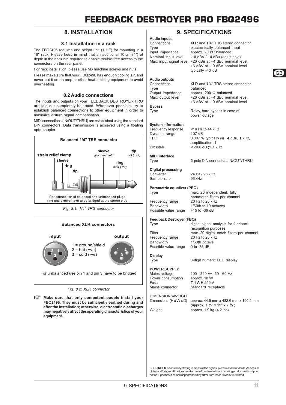 Feedback destroyer pro fbq2496, Specifications, Installation | 1 installation in a rack, 2 audio connections | Behringer FBQ2496 User Manual | Page 11 / 12