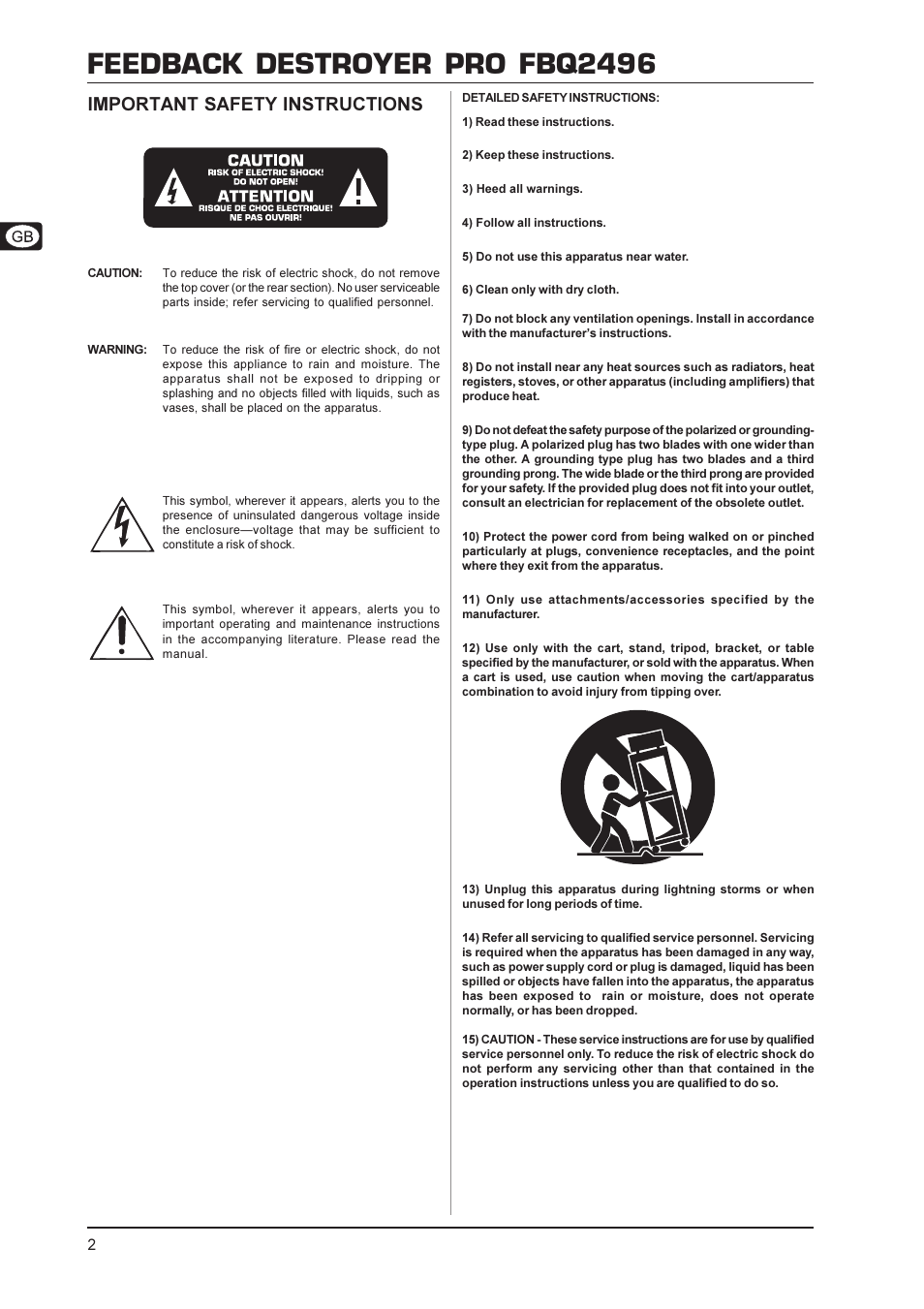 Feedback destroyer pro fbq2496, Important safety instructions | Behringer FBQ2496 User Manual | Page 2 / 12