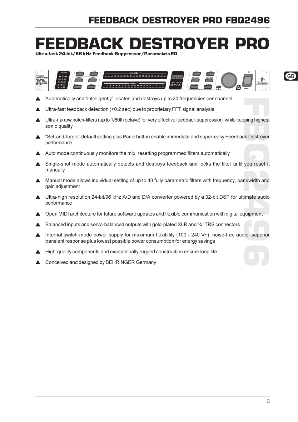 Fbq2496, Feedback destroyer pro, Feedback destroyer pro fbq2496 | Behringer FBQ2496 User Manual | Page 3 / 12