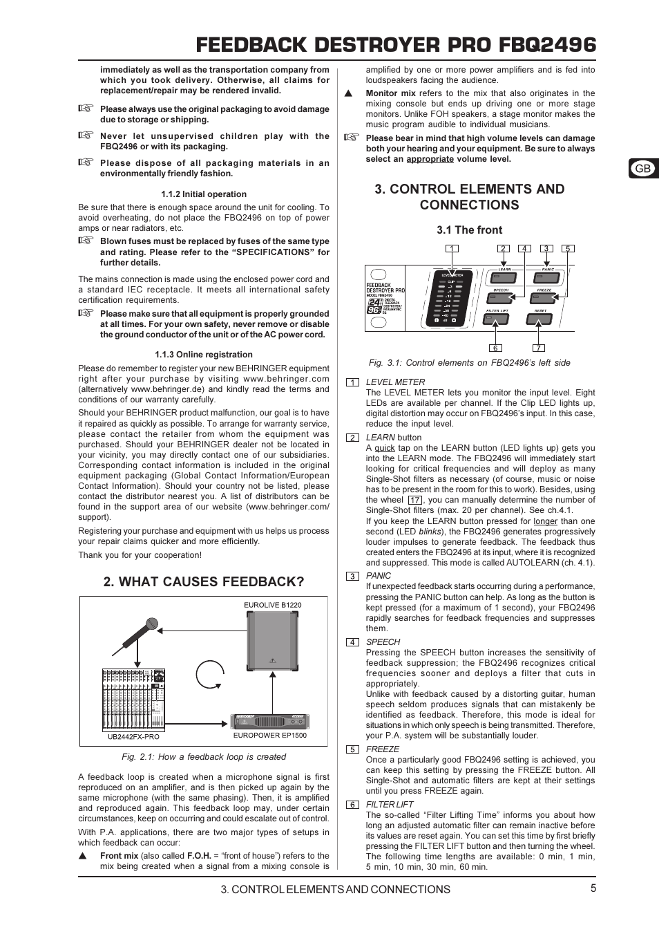Feedback destroyer pro fbq2496, What causes feedback, Control elements and connections | Behringer FBQ2496 User Manual | Page 5 / 12