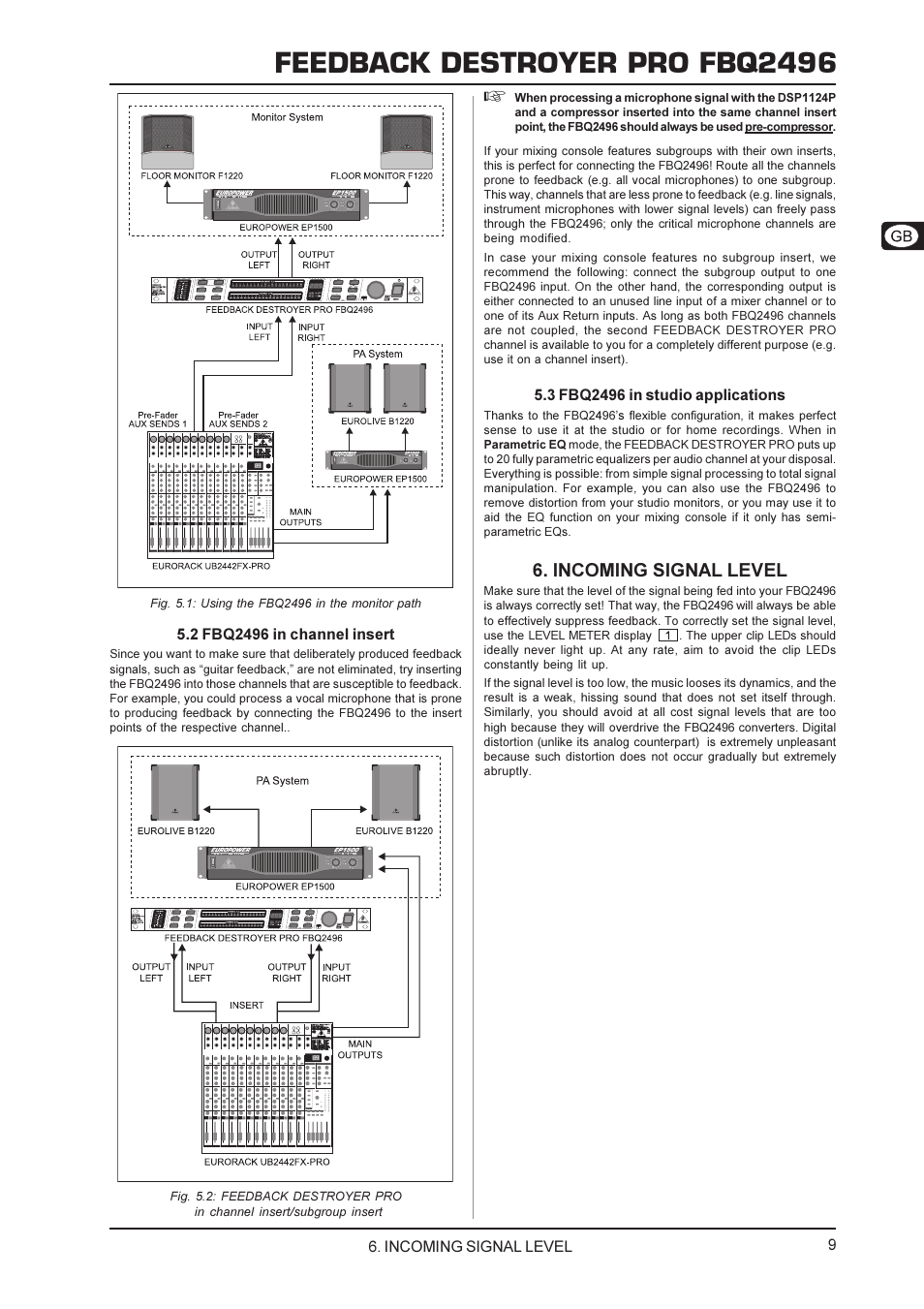Feedback destroyer pro fbq2496, Incoming signal level | Behringer FBQ2496 User Manual | Page 9 / 12