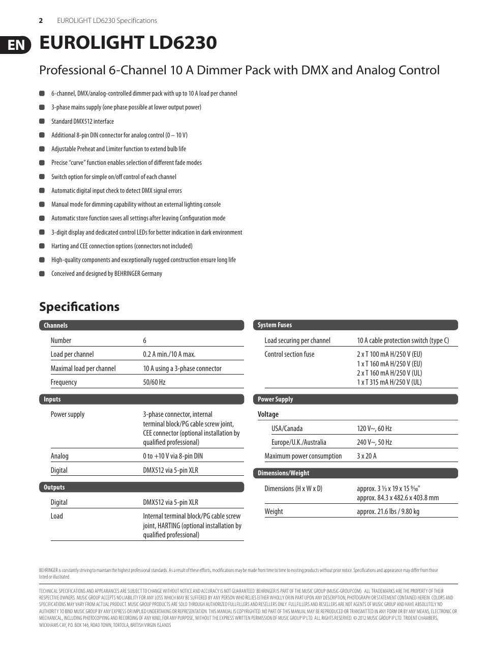 Eurolight ld6230, Specifications | Behringer Eurolight LD6230 User Manual | Page 2 / 2