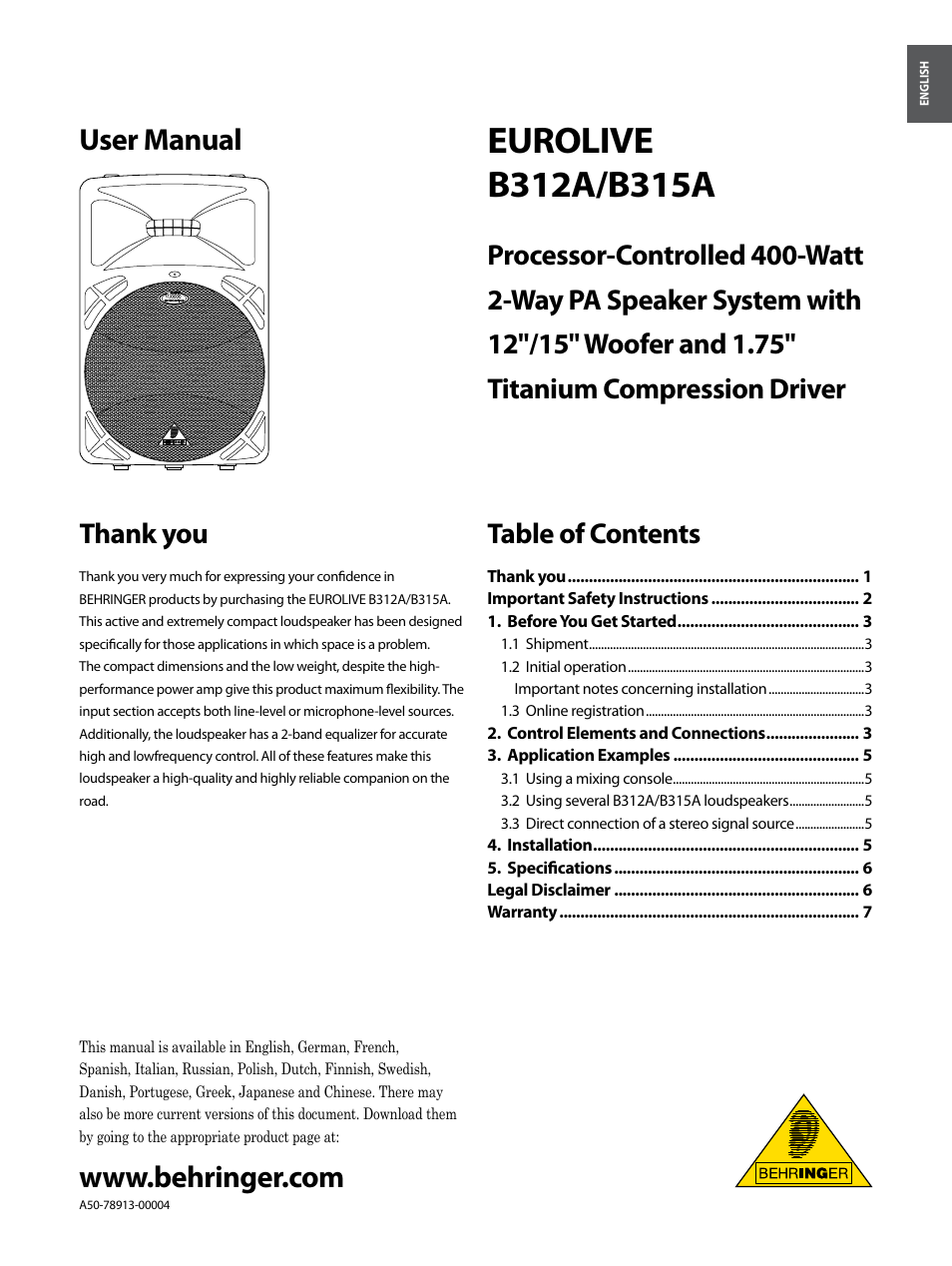 Behringer B315A User Manual | 8 pages