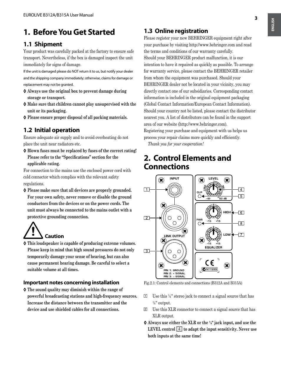 Before you get started, 1 shipment, 2 initial operation | Important notes concerning installation, 3 online registration, Control elements and connections, 1 shipment 1.2 initial operation, Before you get started 1, Control elements and 2. connections | Behringer B315A User Manual | Page 3 / 8