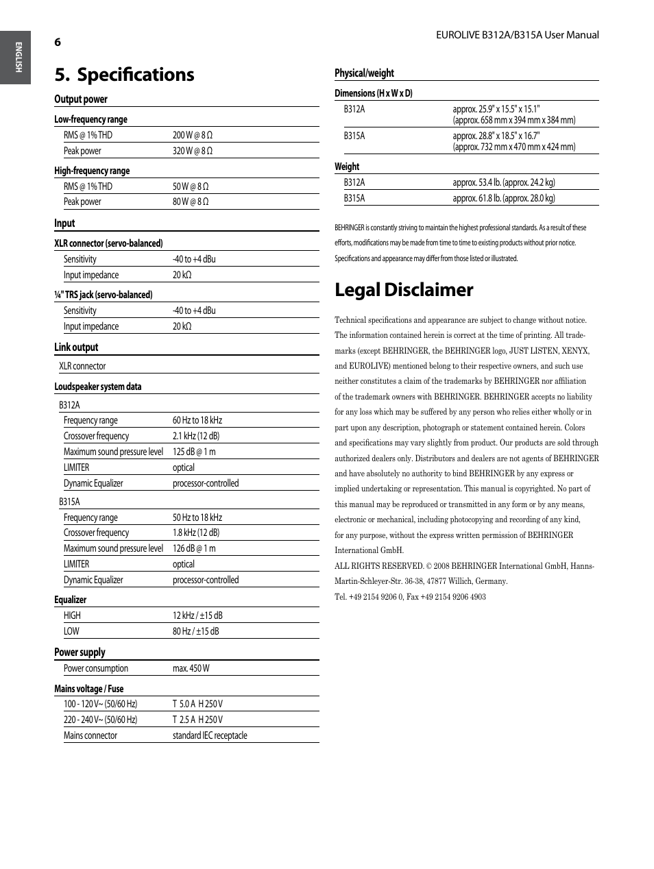 Specifications, Legal disclaimer, Specifications legal disclaimer | Specifications 5 | Behringer B315A User Manual | Page 6 / 8
