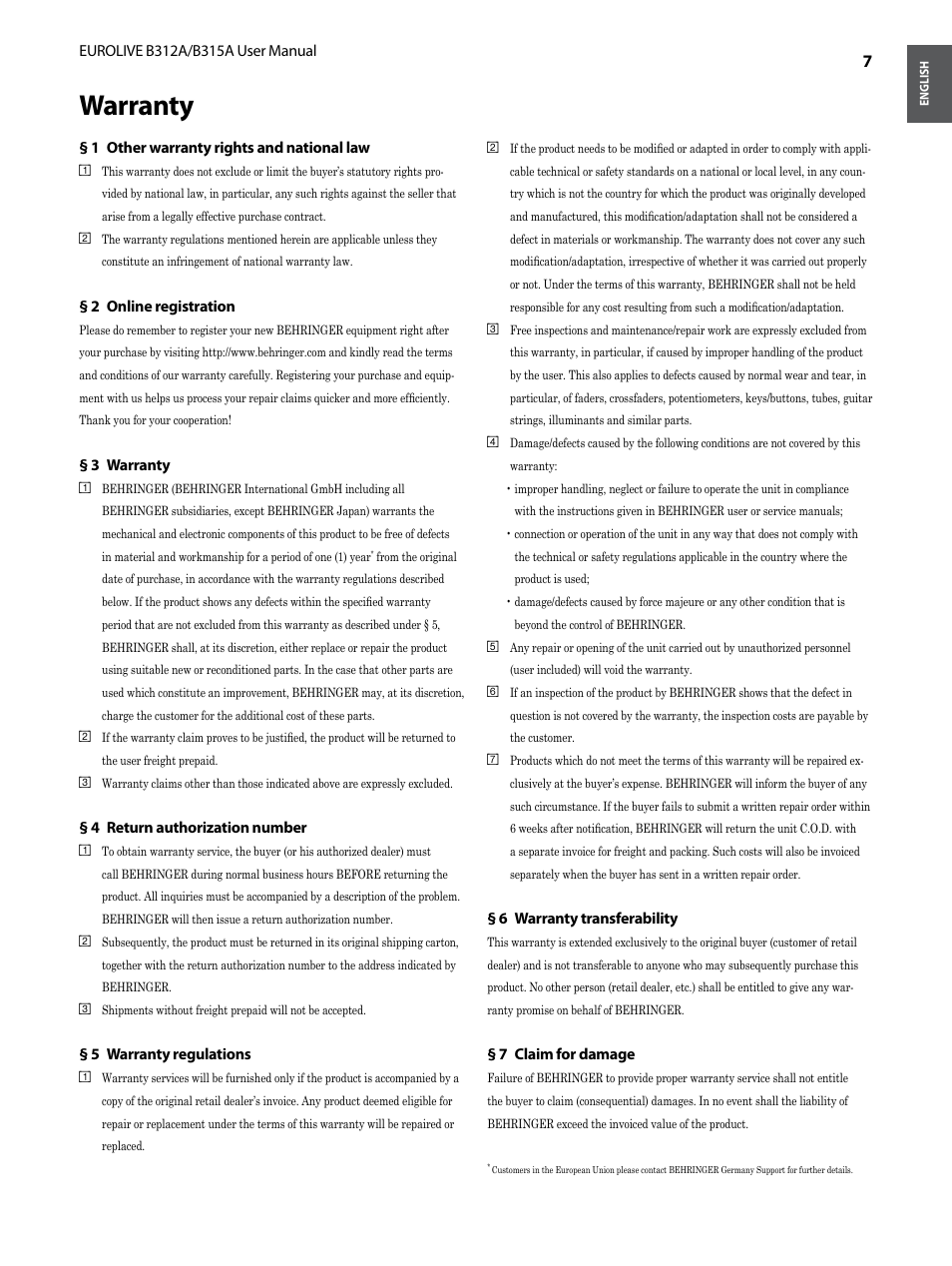 Warranty | Behringer B315A User Manual | Page 7 / 8