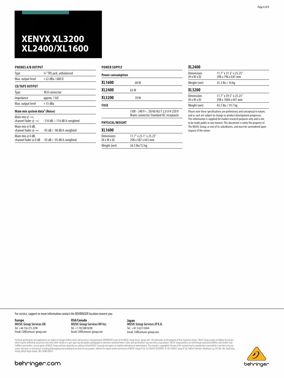 Xl1600, Xl2400, Xl3200 | Behringer Xenyx XL2400 User Manual | Page 8 / 8