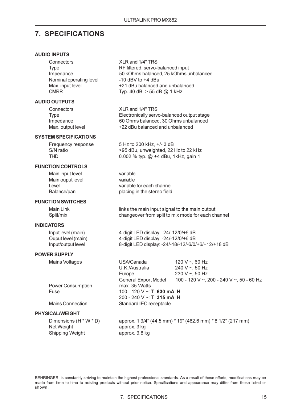 Specifications | Behringer MX882 User Manual | Page 15 / 16
