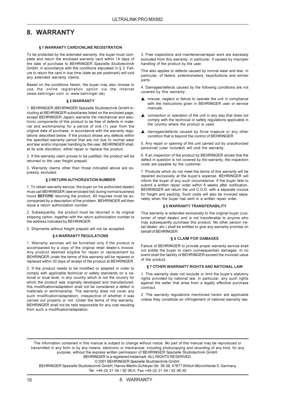 Warranty | Behringer MX882 User Manual | Page 16 / 16