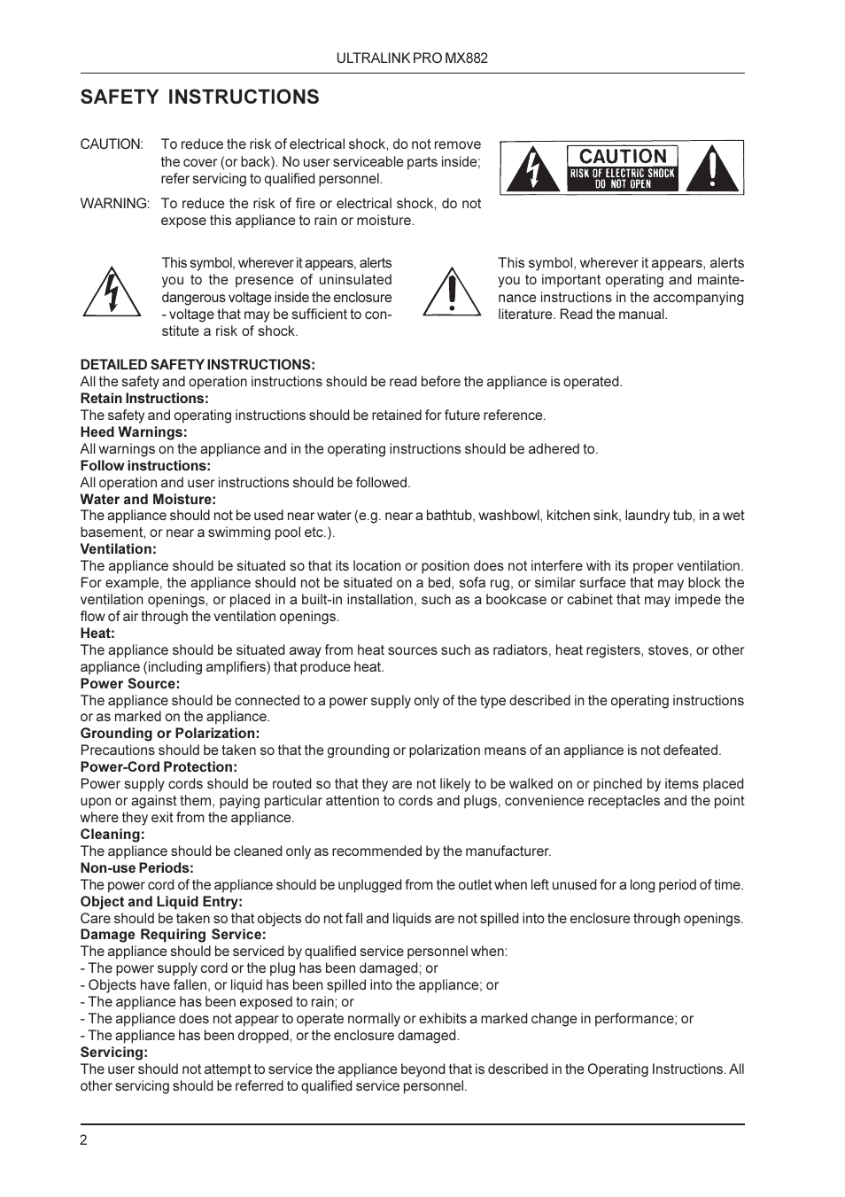 Safety instructions | Behringer MX882 User Manual | Page 2 / 16