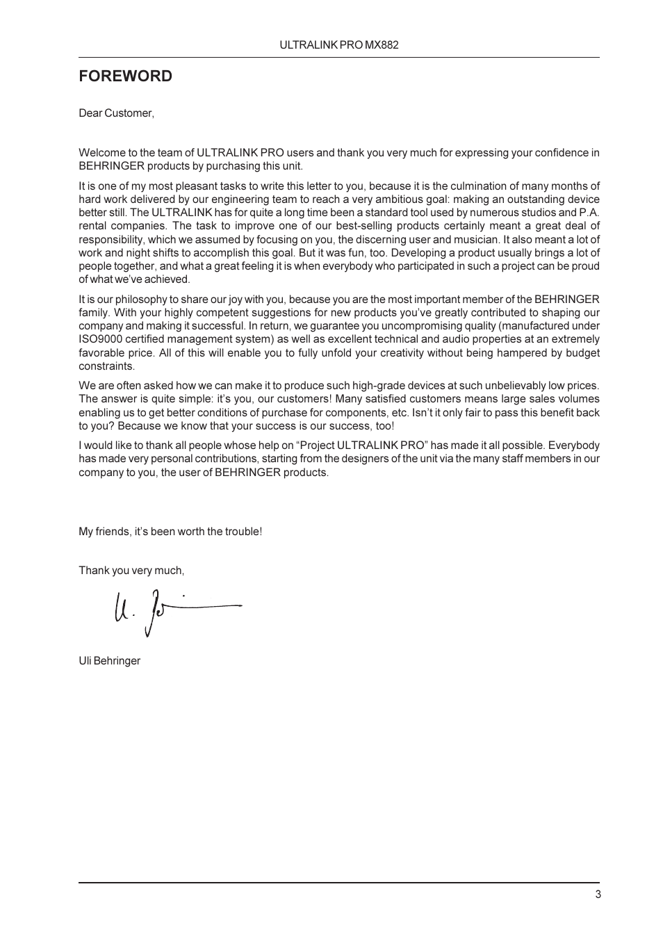 Foreword | Behringer MX882 User Manual | Page 3 / 16