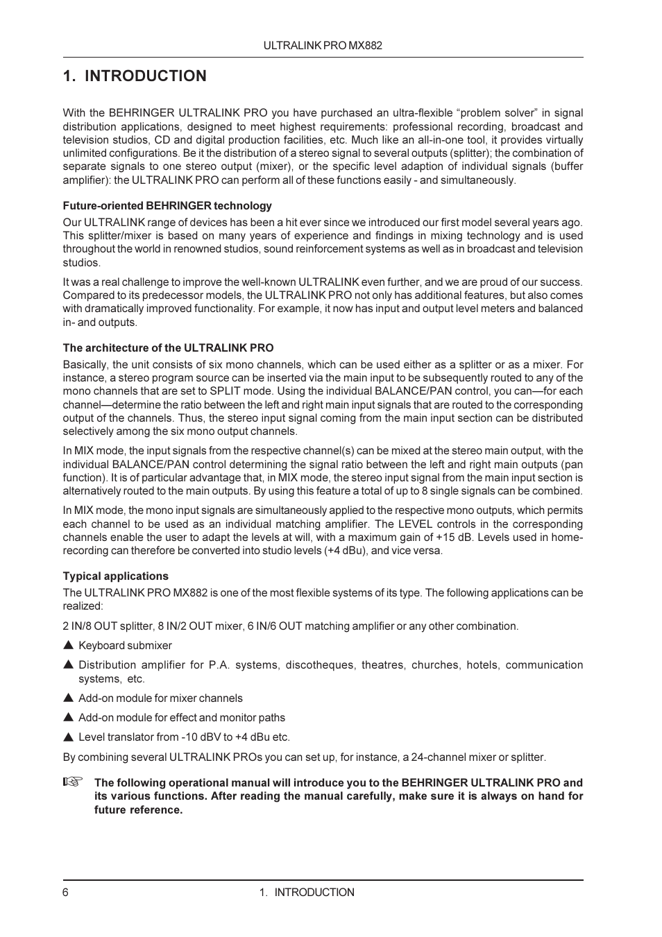 Introduction | Behringer MX882 User Manual | Page 6 / 16
