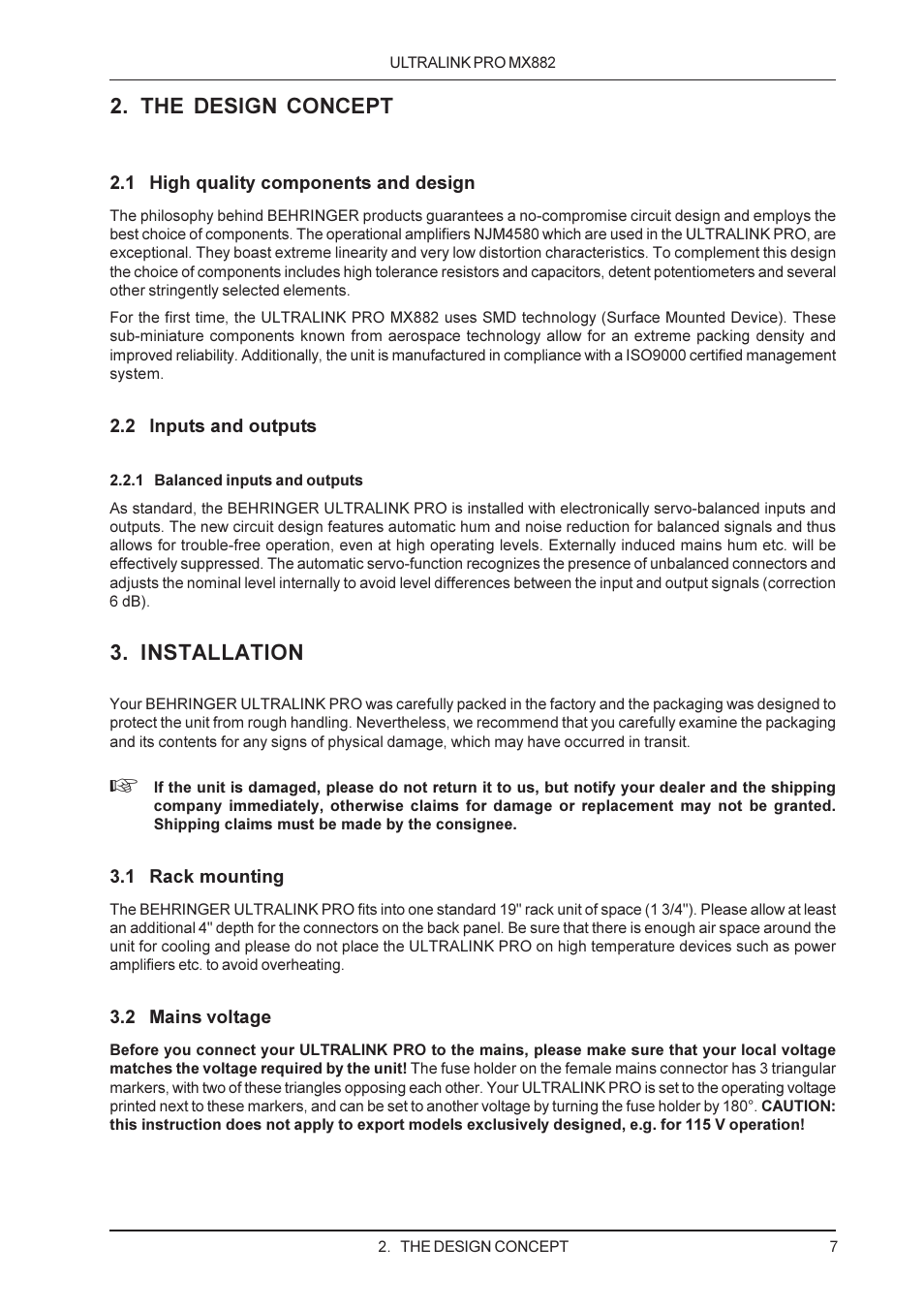 The design concept, Installation | Behringer MX882 User Manual | Page 7 / 16