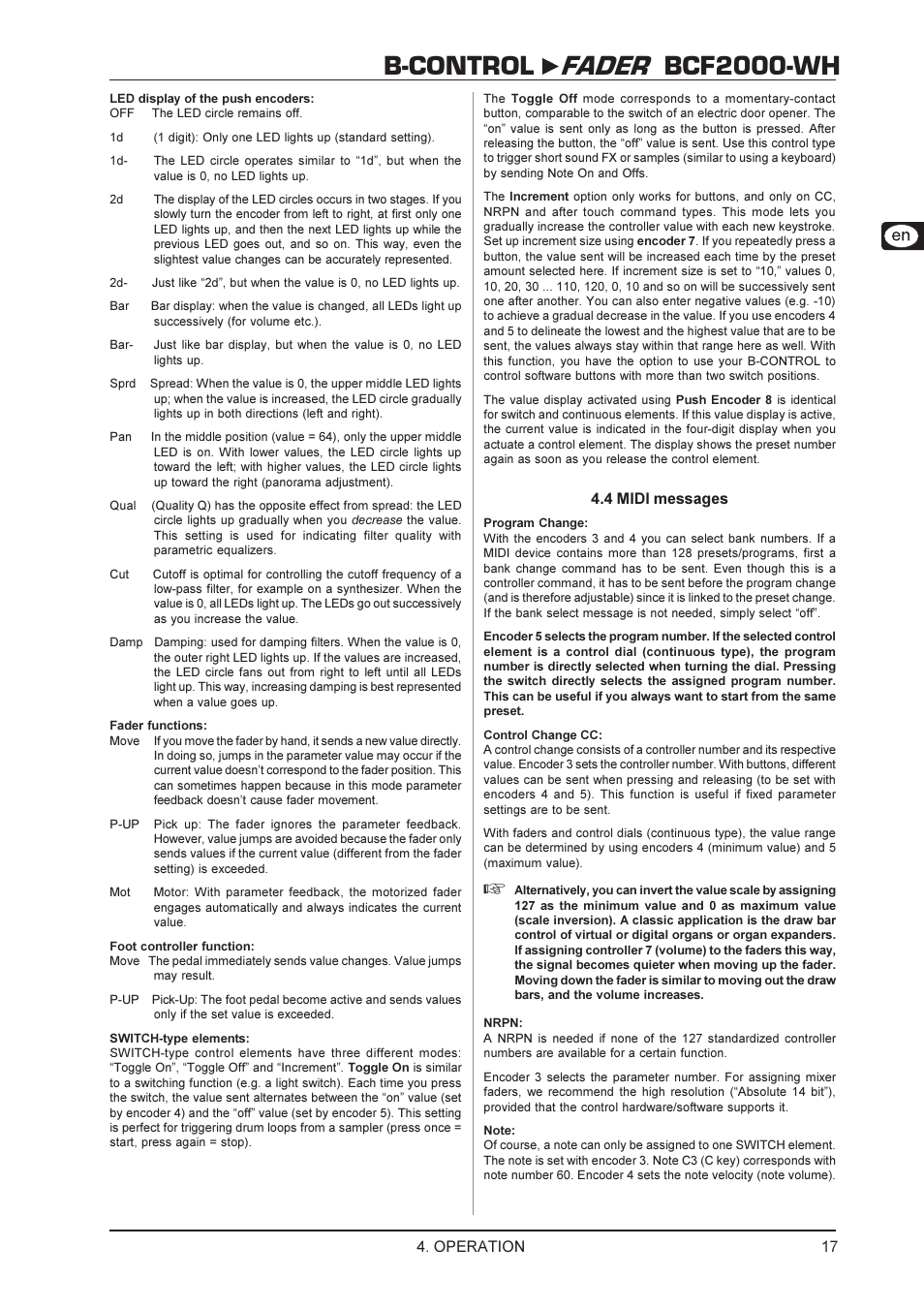 B-control fader bcf2000-wh, Operation, 4 midi messages | Behringer BCF2000-WH User Manual | Page 17 / 24