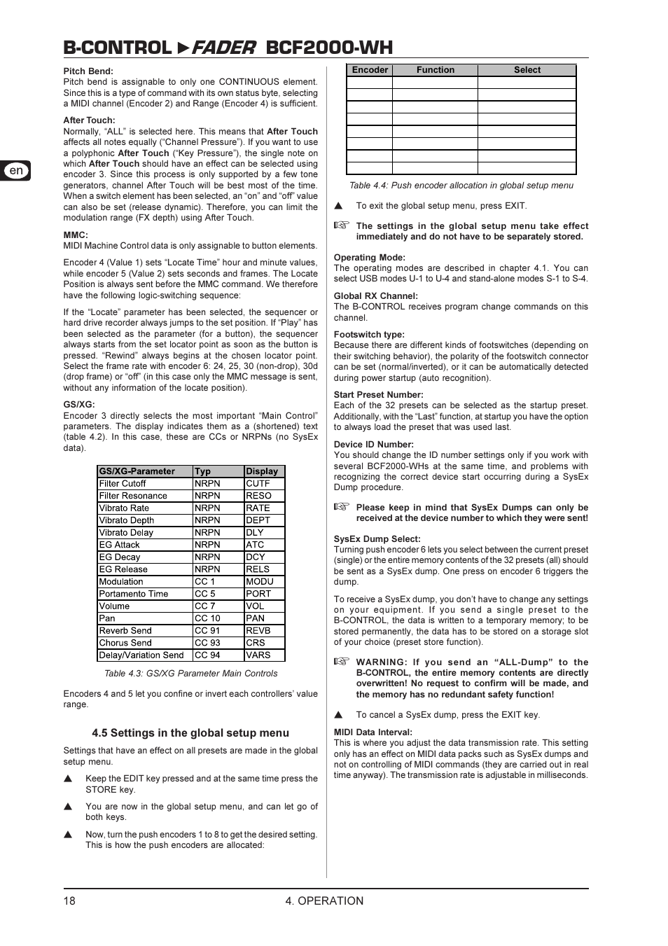 B-control fader bcf2000-wh, 5 settings in the global setup menu, Operation | Behringer BCF2000-WH User Manual | Page 18 / 24