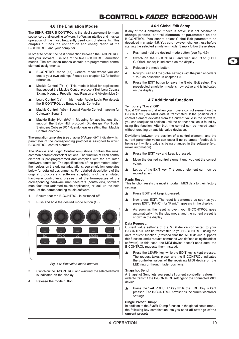 B-control fader bcf2000-wh, 6 the emulation modes, Operation | 7 additional functions | Behringer BCF2000-WH User Manual | Page 19 / 24