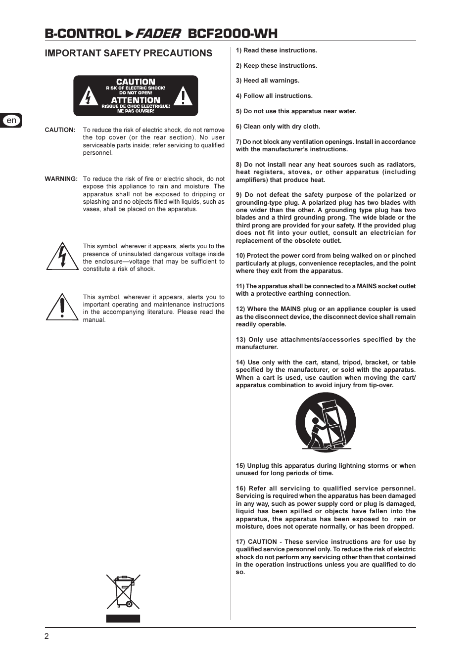 B-control fader bcf2000-wh, Important safety precautions | Behringer BCF2000-WH User Manual | Page 2 / 24