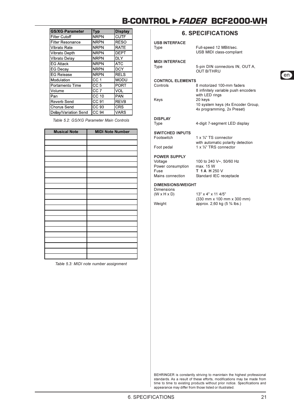 B-control fader bcf2000-wh, Specifications | Behringer BCF2000-WH User Manual | Page 21 / 24