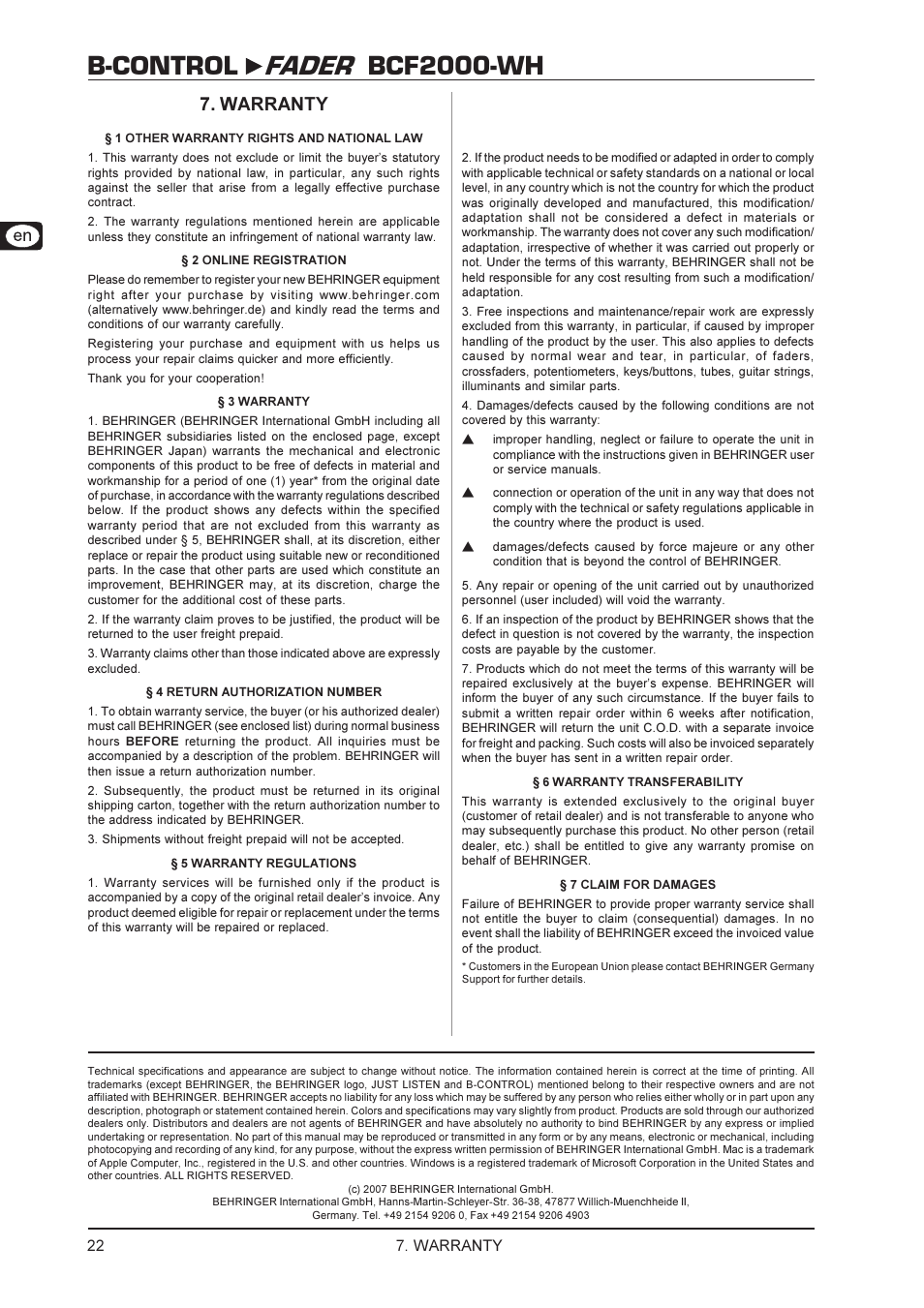 B-control fader bcf2000-wh, Warranty | Behringer BCF2000-WH User Manual | Page 22 / 24