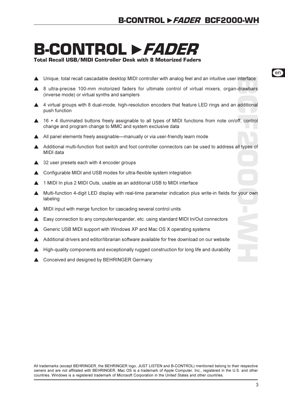 Bcf2000-wh, B-control fader, B-control fader bcf2000-wh | Behringer BCF2000-WH User Manual | Page 3 / 24