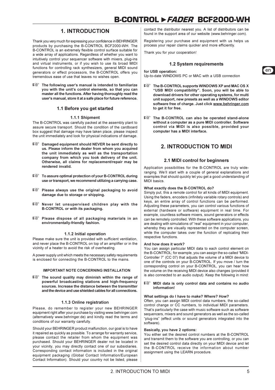 B-control fader bcf2000-wh, Introduction, Introduction to midi | Behringer BCF2000-WH User Manual | Page 5 / 24