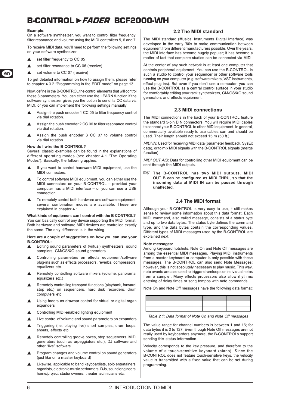 B-control fader bcf2000-wh, 2 the midi standard, 3 midi connections | 4 the midi format, Introduction to midi | Behringer BCF2000-WH User Manual | Page 6 / 24